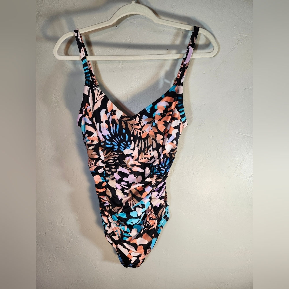 Aqua Green Women's One Piece Swimsuit Floral Tummy Control Sz M